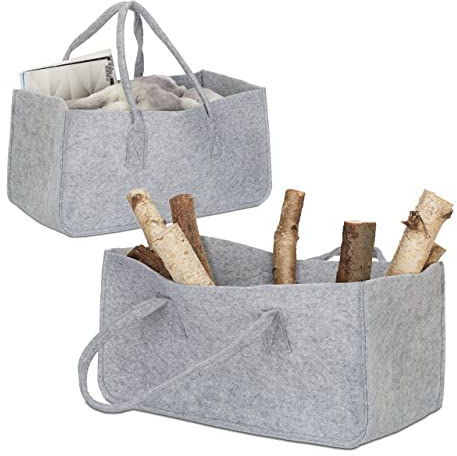 2x Borsa Portalegna per Camino in Feltro Cesto Portatile Portariviste Pieghevole HxLxP: 25x25x50 cm, Grigio