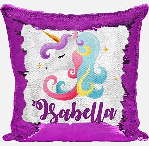 DAILY GIFTS Personalised Unicorn Any Name Magic Reveal Sequin Cushion Cover Gift Pink 10 (Case + Filling)
