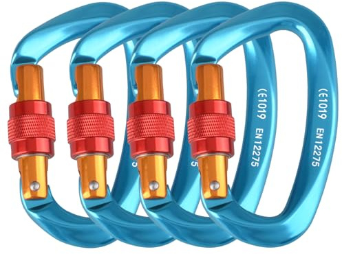Azarxis Mousqueton Escalade 25kN Mousqueton à Verrouillage en Forme de D avec Bouchon à Vis 2 ou 4 Pièces pour Hamac Randonnée (Bleu - 4 Pièces)