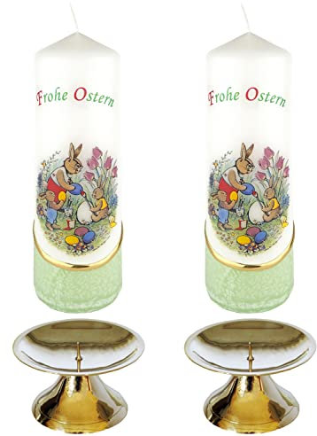 AUSWAHL * 2 Stück Osterkerze Stumpenkerze Osterdeko * 6 x 18 cm * inkl. 2 Kerzenständer aus Messing * mit farbigen Wachs- und Bildauflagen * AUSWAHL Motiv + Farbe * grün * (Serie 2 - Set 06/-2)