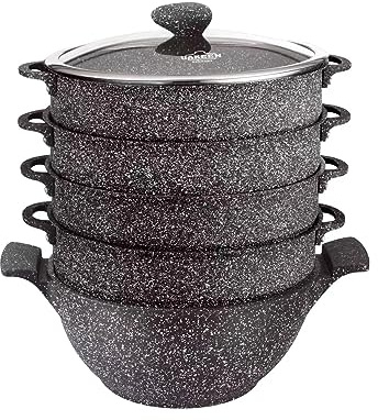 rukauf 2in1 Black Kazan und Dampfkocher, Dampfkochtopf, Mantowarka Kasan mit Granit Keramikbeschichtung 6 Liter 28cm Durchmesser Keramik Design Kochtopf Schwarz