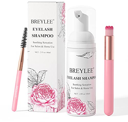 Eyelash Extension Cleanser, BREYLEE Eyelash Shampoo Eyelash Extension Foam & Brushes Eyelid Cleanser for Makeup Remover Paraben & Sulfate & Oil Free for Salon and Home Use