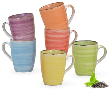 Tassen 6er Set bunt in grün blau rot lila orange gelb - Vintage Kaffeetassen in 340ml für Tee Kaffee Cappuccino - Moderne Kaffeebecher spülmaschinenfest und mikrowellengeeignet als Geschenk