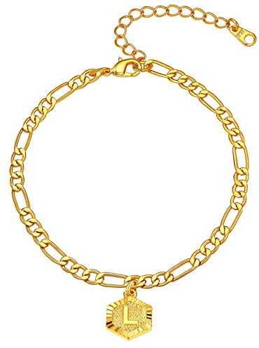 FindChic goldene Fußkettchen mit Buchstabe L Anhänger Sommer Strand Figaro Fußkette Damen Mädchen Fußband für Freundin Model Ehefrau