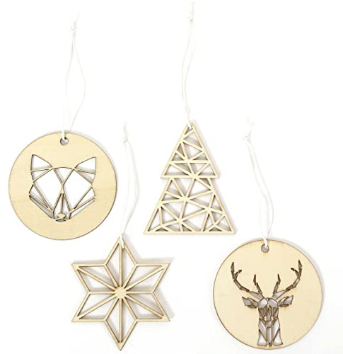 Papierdrachen Weihnachtsbaumschmuck aus Holz - 12 geometrische Anhänger, Natur - 4 Designs - stilvolle Weihnachtsdekoration 2025 für Baum & Geschenke