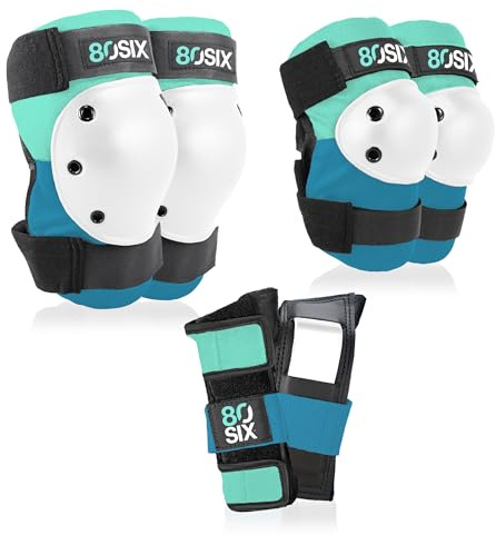 80Six Multi-Sport Pad Set-Knee Pads, Wristguards, Elbow Pads, Full Protective Gear for Kids, for BMX, Cycling, Inline Skating, Skate, Roller Skates, Skateboard Accessories (Surf Green Teal, Ages 14+)