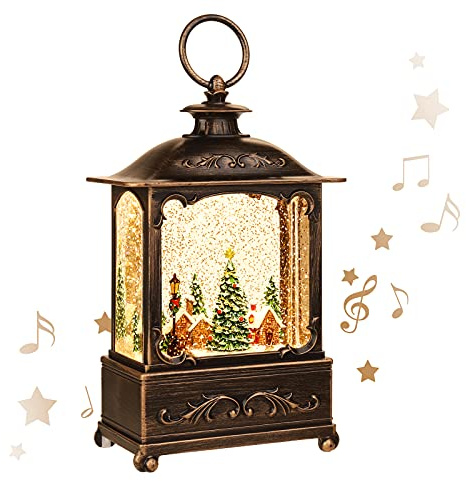 Christmas Village Snow Globe Lantern,Christmas Decorations Indoor Water Lantern Swirling Glittering with Music & Timer, USB/Battery Operated Lighted Lanterns for Home Decor Gifts (Forest House)