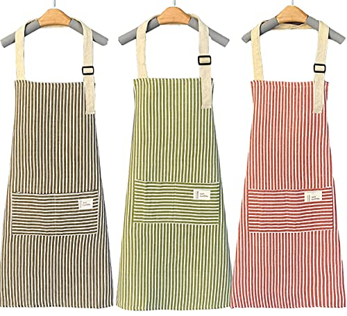 Delantal de Cocina 3Pcs Antiincrustante Cuello Ajustable Bolsillos Hombre Mujer - Algodón para Hornear, Jardinería, Restaurante, Barbacoa