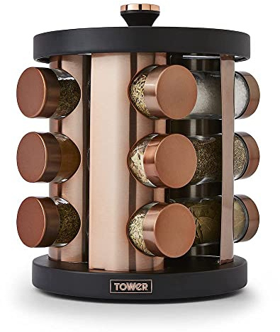 Tower Cavaletto 12 Jar Rotating Spice Rack with Pre-Filled Spices, Black and Rose Gold