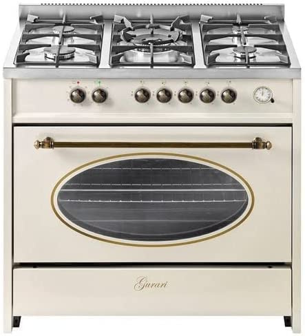 GURARI Gasställ GCH E 914 Cr R, retro gas elektrisk stående spis 90 cm/nostalgi räckvidd coocker/121 l/8 funktioner/varmluft/grill/5 högkvalitativa brännare/4 kW WOK/naturgas/propangas/WOK-adapter