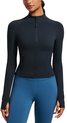 CRZ YOGA Butterluxe Waist Length Jackets for Women - Full Zip Athletic Track Tops with Thumb Holes Pockets True Navy Medium