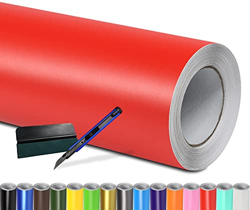 Folindo Autofolie Rot Matt (23€/m²) - 50 x 152 cm – Selbstklebende Auto Lackschutzfolie mit Luftkanal Technik – Blasenfreie Auto Folierung inkl. Rakel & Cutter – Car Wrapping Folie