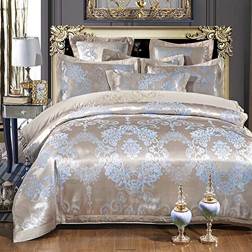CAZARU Seidenbettwäsche-Set King Size Luxus, Bettbezüge King Size Betten Rot, Bettwäsche-Set King Size Doppelbett-Bettbezüge Set Seide Baumwolle Luxus Satin Jacquard Doppelbett Twin Silber 4-TLG