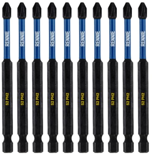 10 x Rennie Tools 100mm Long PH2 Impact Screwdriver Driver Bits Set | Magnetic Phillips No.2 Heavy Duty Impact Driver Bit Set. Extra Long PH2 Bits. Hex Shank. Cross Head. Black Oxide Coating