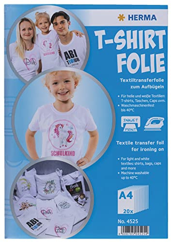HERMA Transferpapier für helle Textilien, A4 Inkjet Bügelpapier zum Bedrucken & Aufbügeln, 20 Blatt, Transferfolie für weißen Stoff, Bügelfolie zum Selbstgestalten, Bedruckbare T-Shirt Textilfolie