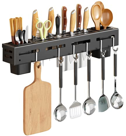 VBNZBK Portacoltelli Per Montaggio a Parete,Scaffale di Stoccaggio Portautensili da Cucina con 6 Gancio,Opzioni di Montaggio Autoadesive/perforanti Portacoltelli a Parete in Acciaio Inox