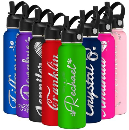 Individuell gravierte Wasserflasche, isoliert mit Strohhalm, personalisierte Sport-Wasserflasche mit Namen, personalisieren Sie Edelstahl-Wasserflasche mit Strohhalm-Deckel für Männer und Frauen