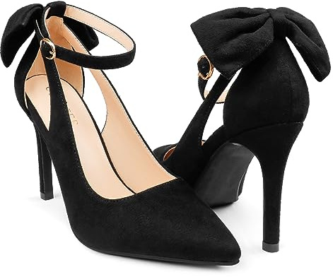COLETER Womens Bow Knot High Heels Pointed Toe Stiletto Ankle Strap D'Orsay Pumps Bow Evening Dress Shoes Suede Black 9.5US