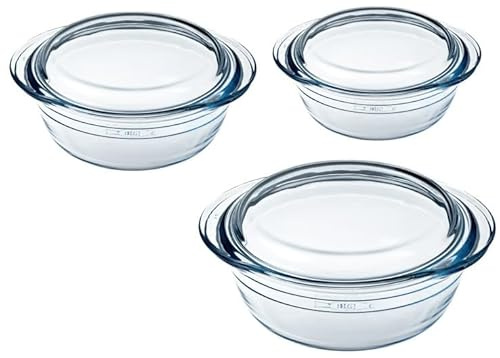 Ôcuisine® Casserole Glass Round Dishes with Handles | Extreme Resistance | Oven Safe - Freezer Safe - Microwave Safe | Borosilicate Glass | Made in France (Set 1.4LT + 2.1LT + 3LT)