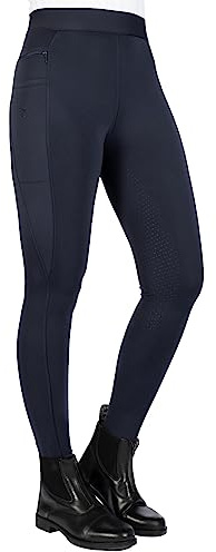 HKM Damen Reitleggings Isabella mit Silikon-Vollbesatz |Damen-Reithose mit Handytaschen Links und rechts und Reißverschlusstasche | Bequemer Komfortbund | dunkelblau