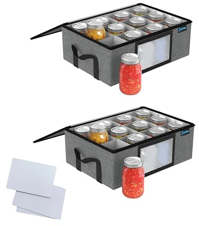 2Pk 16 oz Pint Mason Jar Organizer, Sturdy Pantry Canning Jar Storage Containers, Holds 12 Pint Size Ball Mason Jars, Foldable Canning Organizer, Stackable Home Storage Box w/Lid & Label holder