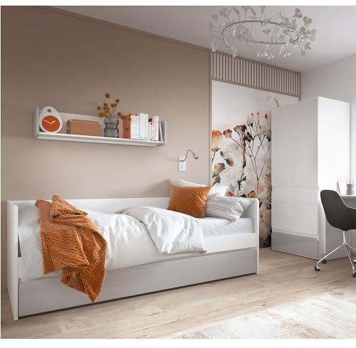 Lomadox Jugendzimmer Set Kleiderschrank 2-türig Bett Liegefläche 90x200 cm mit Bettschublade Wandboard weiß grau