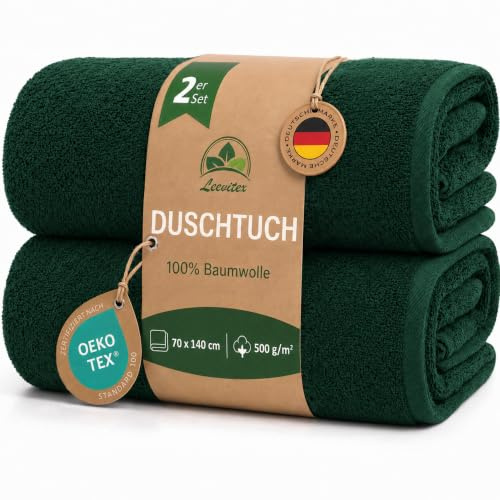 leevitex Duschtücher 2er Set 70 x 140 cm aus 100% Baumwolle, Frottee, 500 g/m², weich und saugstark, Dunkelgrün