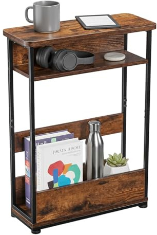 YEAKOO Narrow Side Table for Narrow and Small Spaces, Skinny Bedside Table Small Nightstand with Magazine Rack Space Saving (Rustic Brown, M)