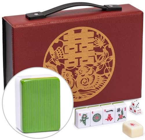 Yellow Mountain Imports Chinesisches Mahjong-Set „Bambus-Oase mit 146 kleinen Spielsteinen und roter Vinyltasche — nur für chinesisches Spiel [「竹林綠洲」中國麻將]
