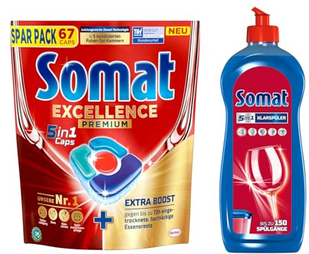 SOMAT 4in1 Caps 2x67 (134) AW Excellence, schnellauflösende Spülmaschinentabs mit Extra Boost, entfernen hartnäckige Essensreste + Somat Duo Power Experten Klarspüler 750ml
