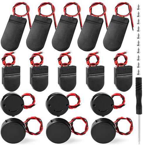 KUOQIY 16 Stücke 3V Knopfzelle Batterie Halter Bausatz, CR2032 Knopfzellen Batteriehalter Sockel Box Clip Gehäuse mit Schalter Kabel, mit Schraubendreher und Schrauben, Schwarz