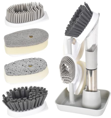 Reinigungsbürste Spülbürste mit Spülmittelspender Multifunktional Seifenspenderbürste Bürste mit 4 Ersatzköpfen und Spülbecken Organize für Geschirr, Töpfe, Pfanne, Spülbecken Reinigung