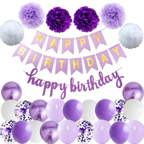 Happy Birthday Decoración Set Morado - Guirnalda, Globos y 6 Pompoms para Cumpleaños de Niño
