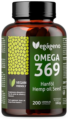 Vegageno OMEGA 3 6 9 capsulas. Alta Concentración OMEGA 3 vegano. 200 capsulas. Con Vitamina E Natural. No GMO, Sin Gluten. Sin Pescado. Solo Vegetal. Apto para Veganos y Vegetarianos.