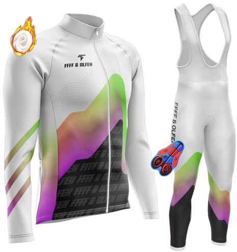 FFFF & OLFEH Herren Langarm Radtrikot Set Winter Radsportanzüge,Thermo Fahrradhose Lang mit Trägern - Warm - Atmungsaktiv - Reflektoren (T8,L)