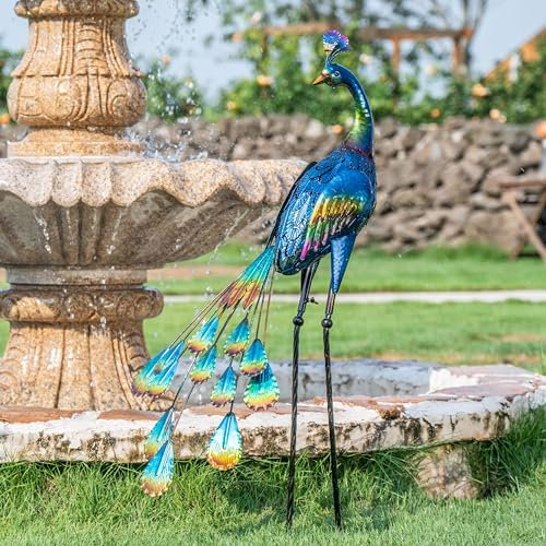TERESA'S COLLECTIONS Large Garden Ornaments Outdoor, Metal Gorgeous Peacock Garden Statues Sculptures, Standing Bird Art Decorations for Lawn Yard, Gifts for Women, 24 Inch Tall