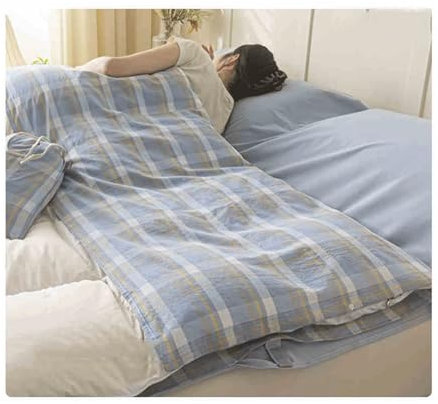 RUZGAR Hüttenschlafsack Schachbrettmuster Baumwolle 2in1 mit Reißverschluss Kissen Fach, Ideal für Backpacking, Hostels und Berghütten(Sky Blue,200x210cm-78x82)