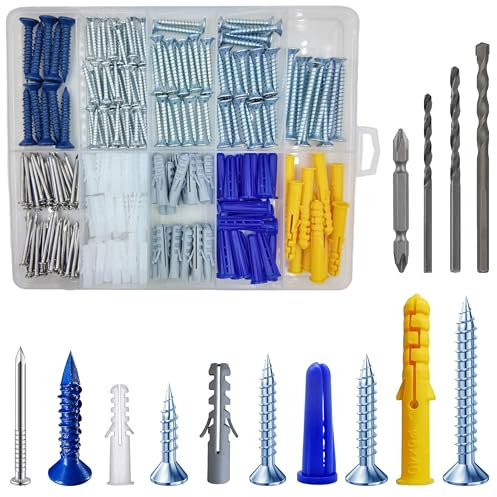 Wensilon (274 pcs) Plastic Drywall Wall Anchors Kit with Screws， Concrete Screw kit Wall Anchor Set Suitable for Brick and Cement Walls