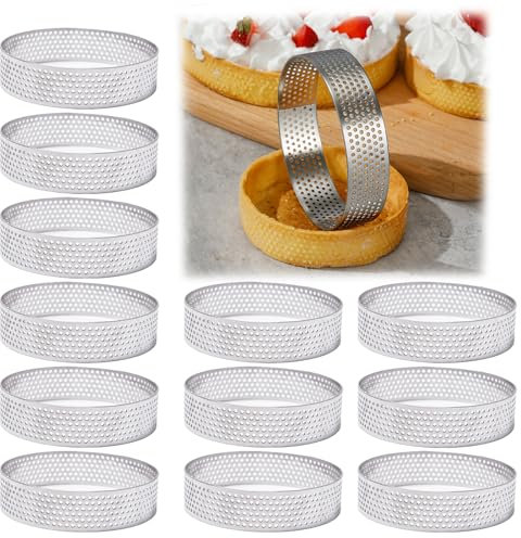 Keboyoe 12 Pezzi Anelli Rotondi per Torte Anello Microforato Crostata Stampo Crostata Microforato in Acciaio Inox Anelli Dessert Traforati Anello Mousse Frutta Torta Mousse Stampo Cucina(8 cm)
