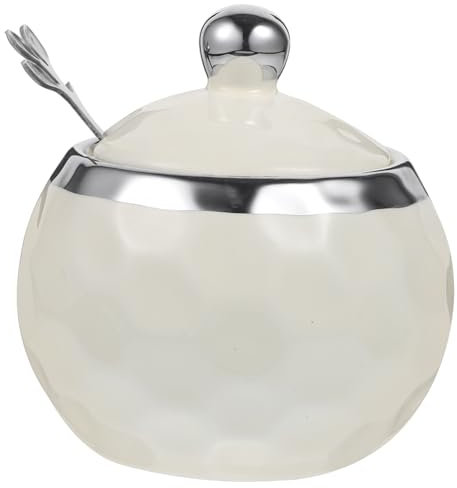 Ciieeo Azucarero De Cerámica Blanco Con Borde Plateado y Cuchara, Tarro Redondo Para Condimentos De Cocina, Almacenamiento Seguro Para Azúcar y Sal, Adecuado Para Hogar y Uso Diario, Con Tapa