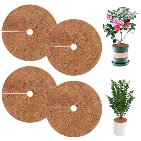Haocjanc 4 Stück Kokos Mulchscheibe, 20cm Kokosfasermatte Rund, Kokos Pflanzenschutz Wiederverwendbar, Kokosmatte Winterschutz Frostschutz für Garden, Potted Plants