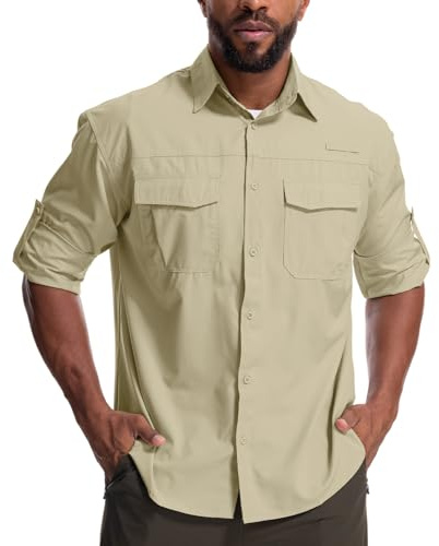 Yenwits Camicia Outdoor da Uomo a Maniche Lunghe Camicia Safari Protezione UV UPF 50+ Camicia Funzionale Traspirante ad Asciugatura Rapida Camicia Tempo Libero per Escursionismo Pesca Trekking, cachi