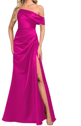 Vestidos de dama de honor de satén para mujer para boda con abertura, vestidos de ceremonia de sirena, vestidos de cóctel, talla grande, fucsia, 40