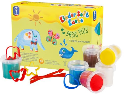 Feuchtmann KINDER SOFT KNETE Basic Plus - 6 x 150g weiche Kinderknete mit Zubehör, ungiftig, vegan und glutenfrei, lufttrocknende Knetmasse im Knetset für kreatives Spielen