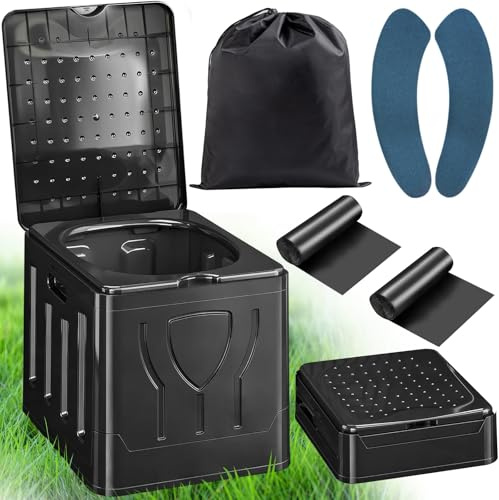 KDISHKRA Camping Toilette Faltbar – Mobile Campingtoilette Tragbare Outdoor Toilette mit Deckel, Müllbeutel, WC-Sitz & Aufbewahrungstasche, Klappbare Notfalltoilette für unterwegs & Auto (Schwarz)