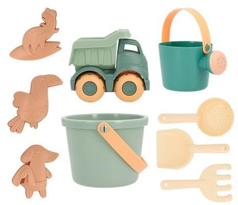 Mönëka Strandspielzeug-Set Sea Green | Sandspielset für Kinder, 6-teilig, inkl. Eimer, Schaufel, Rechen, Sieb, Gießkanne und LKW