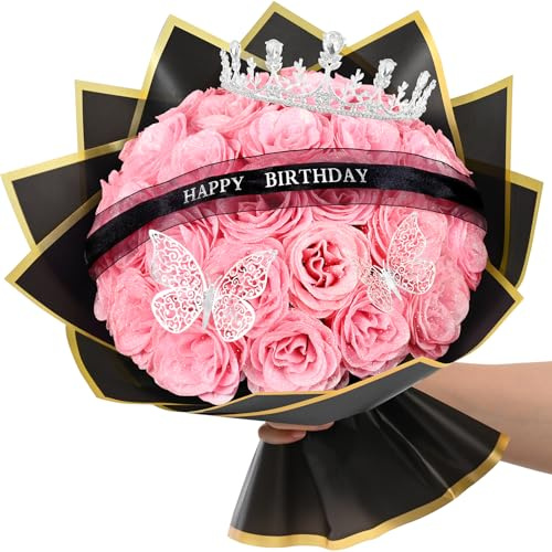 Waipfaru Glitter Roses Bouquet,Birthday Gifts for Women Mom,DIY Fake Flowers Bouquet with Birthday Stand-Up Signs,36 Pink Rose for Grandma Wife Friends