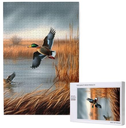 Jagd fliegende wilde Ente 1 gedrucktes Puzzle mit Aufbewahrungsbox, Holzpuzzle für Erwachsene und Kinder, 1000 Teile Familienspaß, dekoratives Spiel