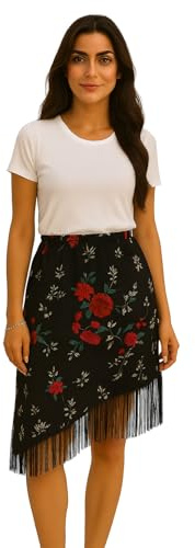 Falda Sevillana Flamenca Asimétrica con Flecos Negros y Rosa Lateral – Estampado de Lunares o Flores, Tejido con Gran Caída, Hecha a Mano en España (Talla SG)