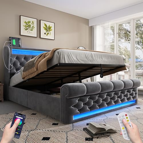Doppelbett 160 x 200 cm mit LED und USB, französisches Bett mit Hydraulikbehälter und Kopfteil, Bett mit Lattenrost, Doppelbett aus Samt, Grau (ohne Matratze)